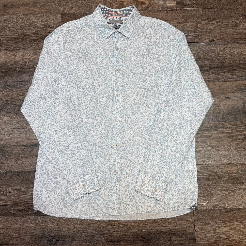 Ted Baker London Men's Leaf Print Linen Cotton Long Sleeve Shirt Size 5 (L)